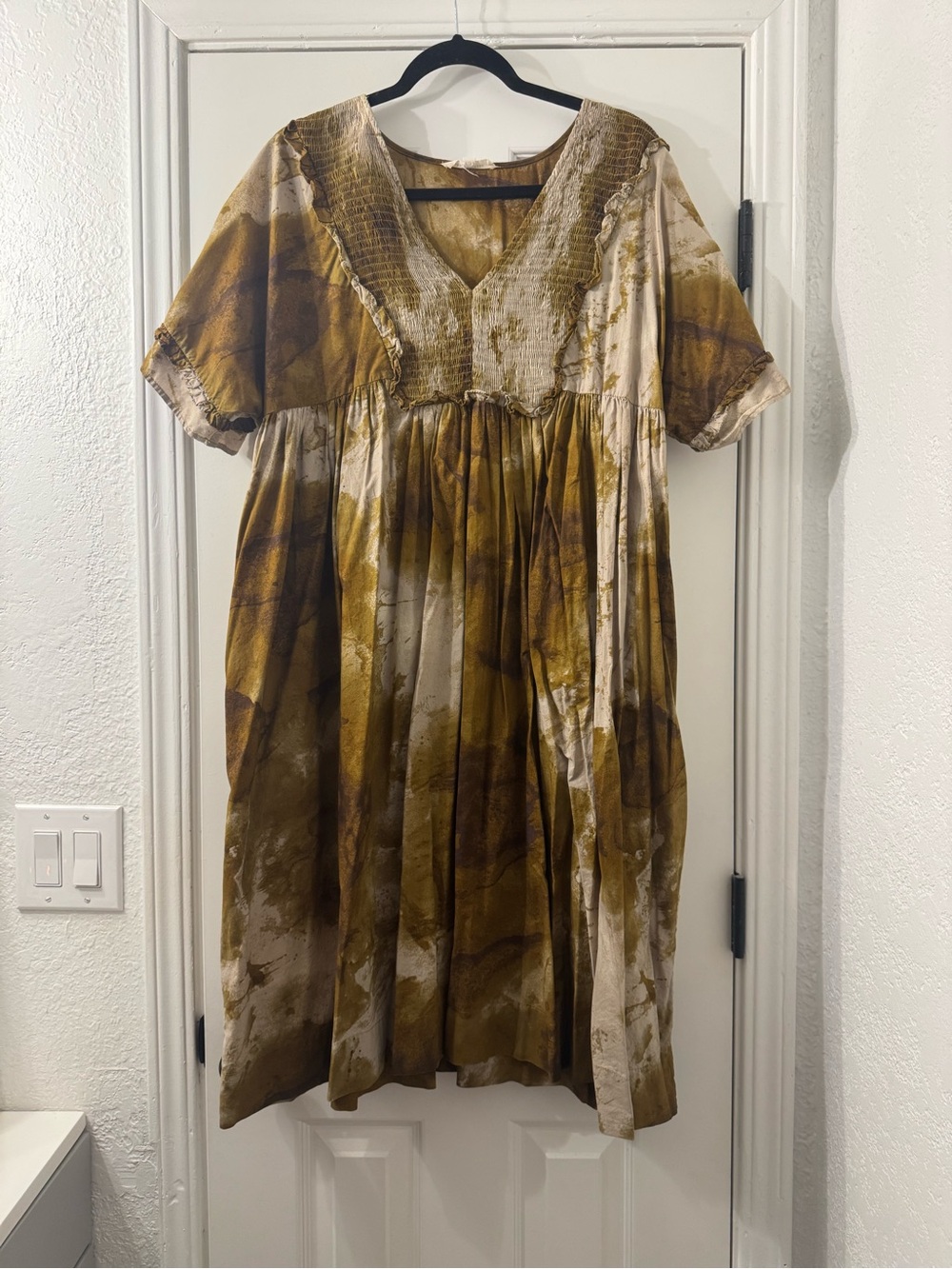 Smocked V-Neck Midi Dress in Tie-Dye Mustard